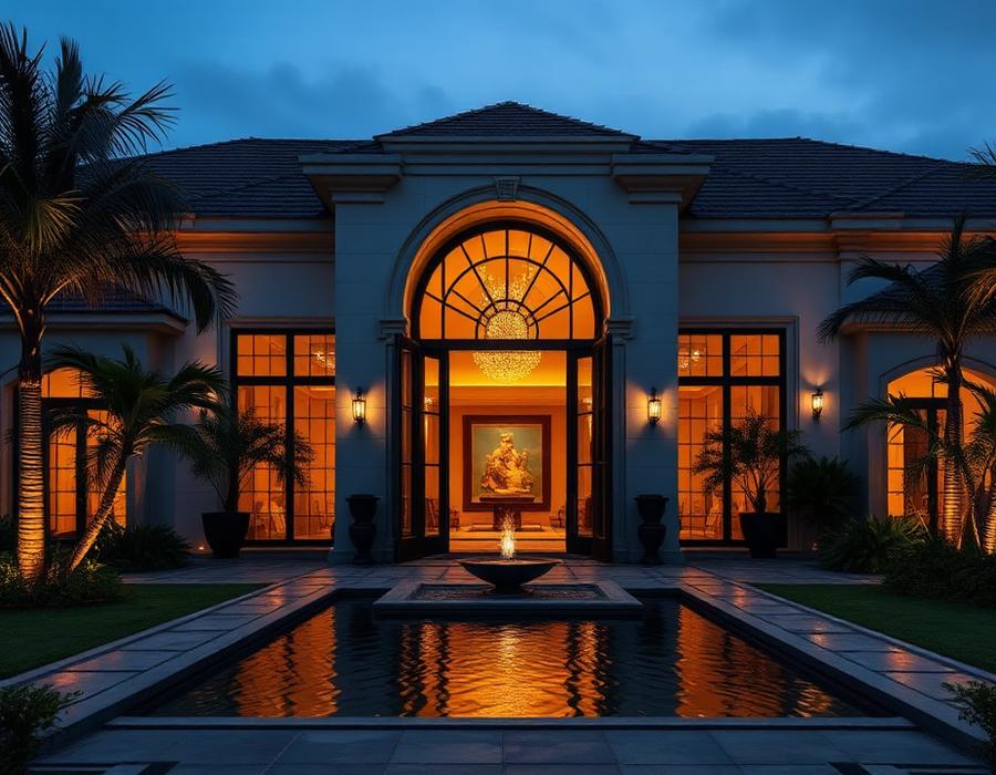 Grand luxury villa entrance with water feature