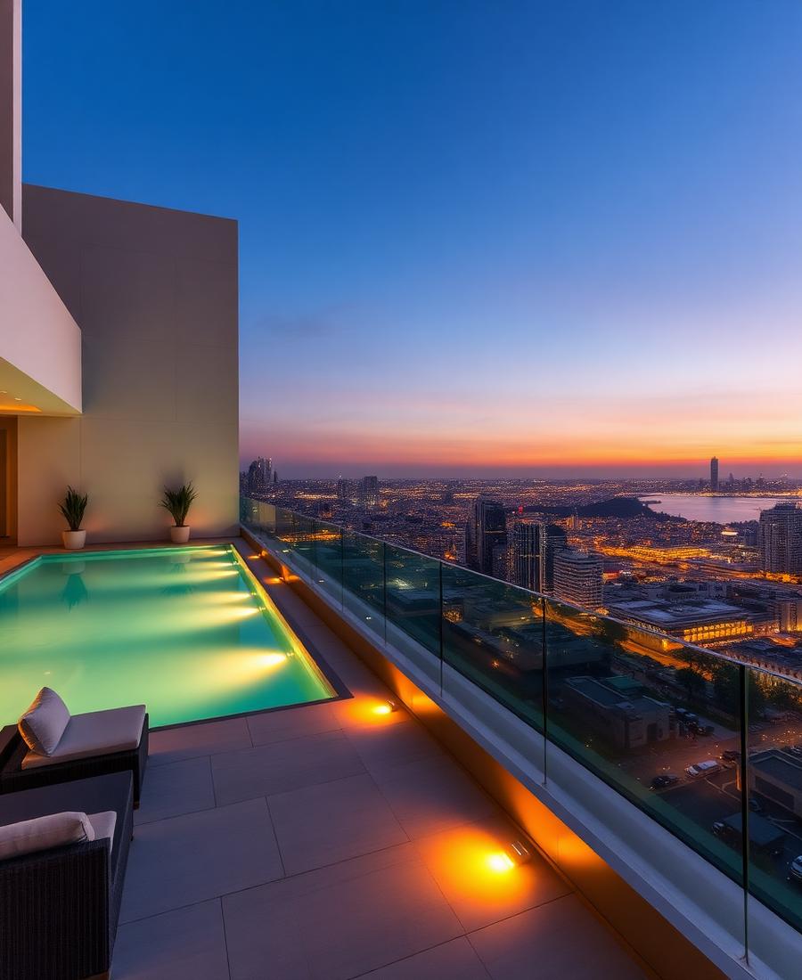 Rooftop terrace with infinity pool and skyline